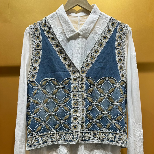 Denim Vest with Embroidered Shirt