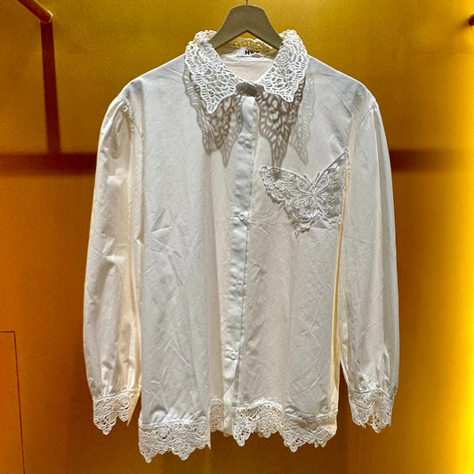 Pure Cotton Bow Cutwork Collar Shirt